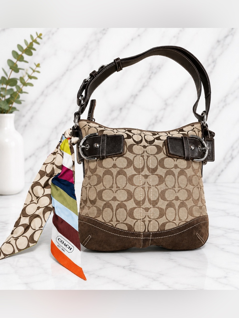 ✨ Authentic Coach Signature Jacquard & Suede Hobo Bag